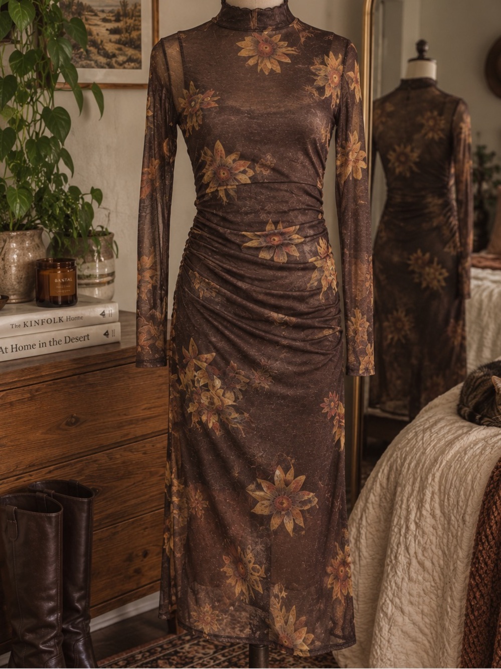 AllSaints Brown Floral Sheer Mesh Ruched Midi Dress UK 12 US 8 - Picture 4 of 10